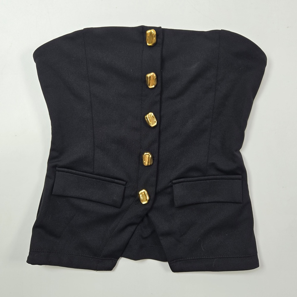 Derek Heart Cropped Tube Top XS Black Gold Button Corset Strapless Chic Club